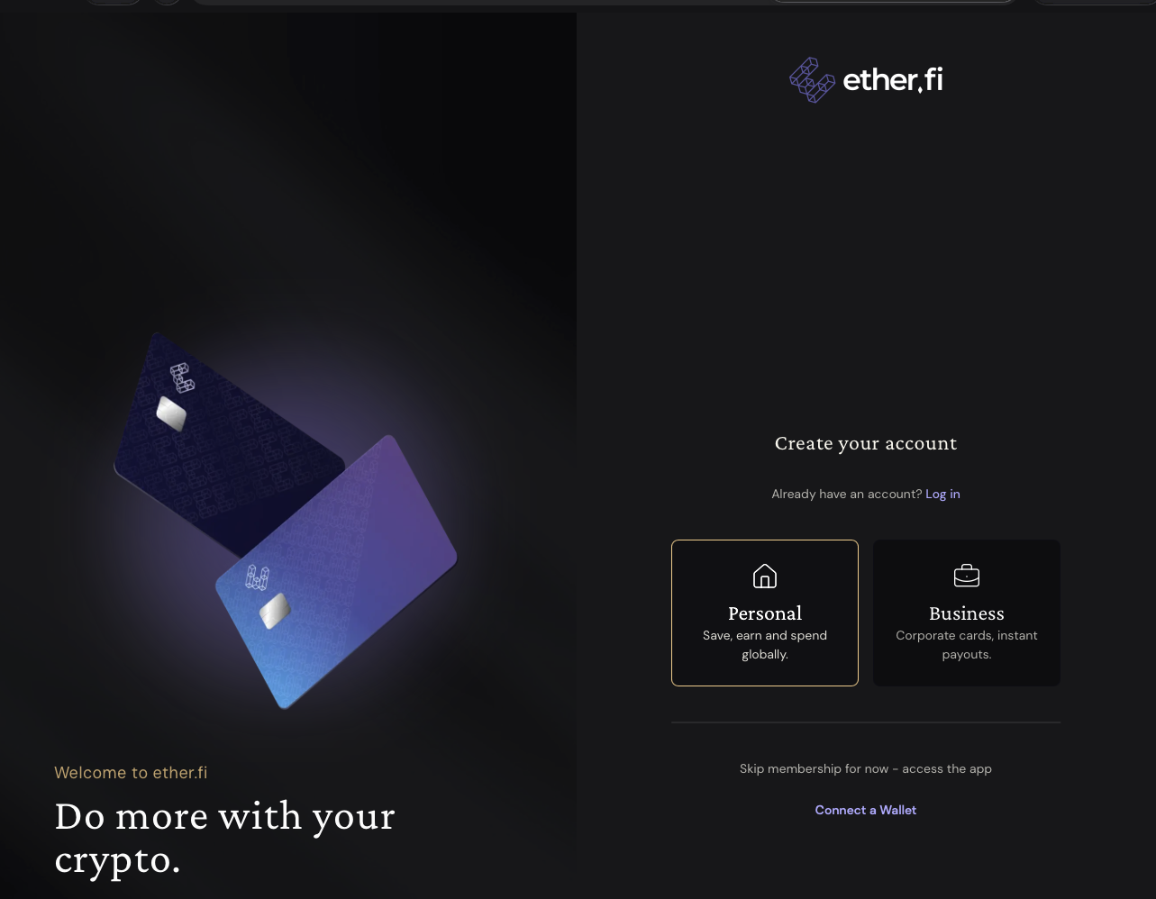 Ether.fi 官网首页,注册时需要选择 Personal 个人账户