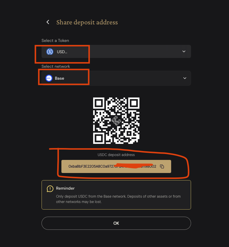 在币种和链的选项中选择 USDC 和 Base 链