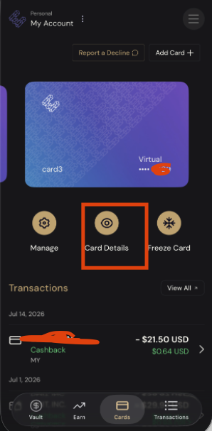 Ether.fi 手机 App 中已开好的虚拟卡界面