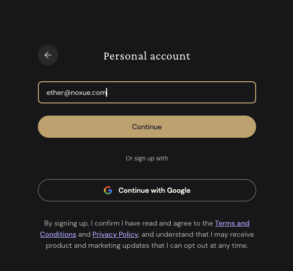 Ether.fi 注册页面填写邮箱地址后点击 Continue