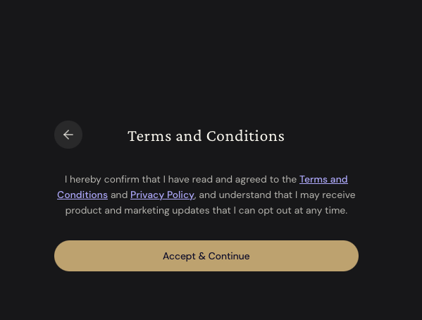 Ether.fi 服务条款页面,点击 Accept & Continue 接受条款