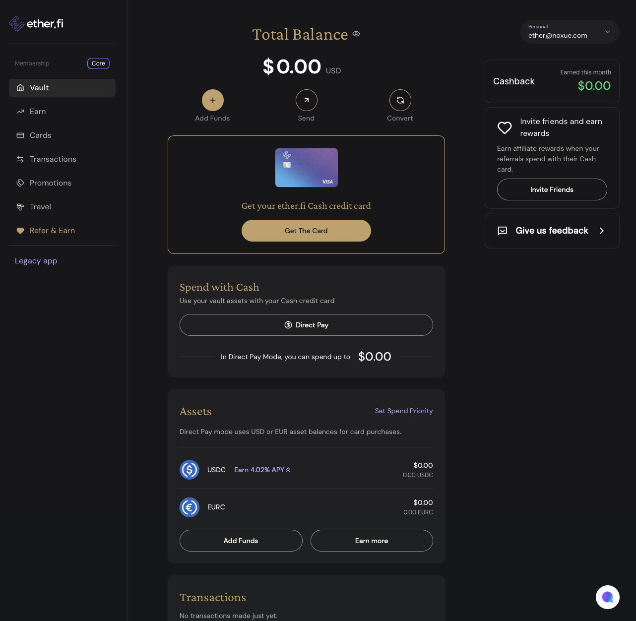 Ether.fi 注册完成后进入的账号主界面