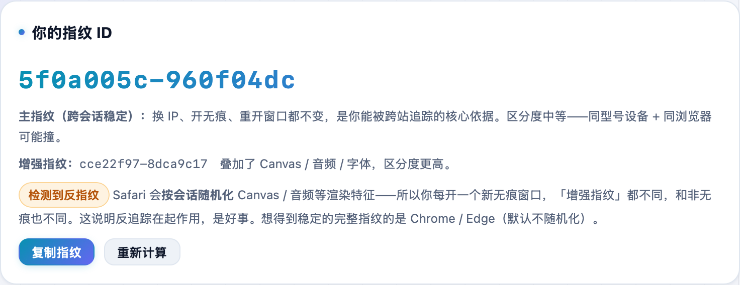 浏览器指纹检测的指纹 ID 卡片:一串由各项特征算出的唯一标识